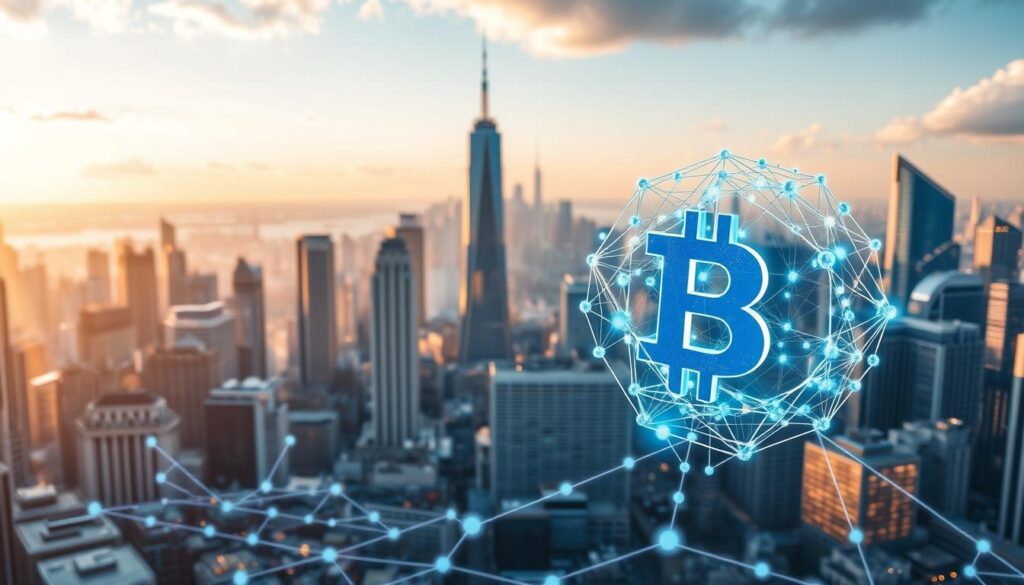 A bustling city skyline with towering skyscrapers and a sprawling network of interconnected nodes. In the foreground, a transparent, three-dimensional blockchain structure shimmering with a soft, blue glow, representing the decentralized and transparent nature of a public blockchain system. The middle ground features a diverse array of people, from cybersecurity experts to everyday users, interacting with the blockchain interface, showcasing its wide-ranging applications. The background is bathed in a warm, golden light, conveying a sense of security and trust in the public blockchain technology. The overall scene depicts the seamless integration of public blockchain into the urban landscape, highlighting its role in enhancing cybersecurity.