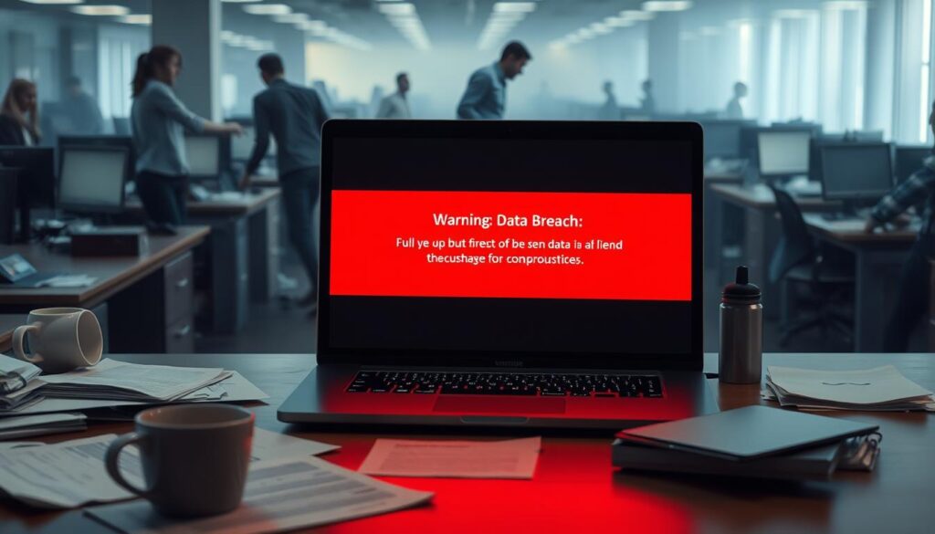 A bustling office interior, bathed in a soft, ominous glow. In the foreground, a laptop screen displays a stark warning message about a data breach, its ominous red text casting an uneasy shadow over the desk. Surrounding it, scattered documents, a spilled coffee cup, and a look of concern on the face of the unseen office worker. In the middle ground, rows of desks recede into the distance, each one a symbol of the broader impact this breach will have on the business. The background is hazy, conveying a sense of uncertainty and anxiety, with faint silhouettes of figures hurrying about, trying to contain the crisis. The overall atmosphere is one of disruption, urgency, and the heavy weight of responsibility.