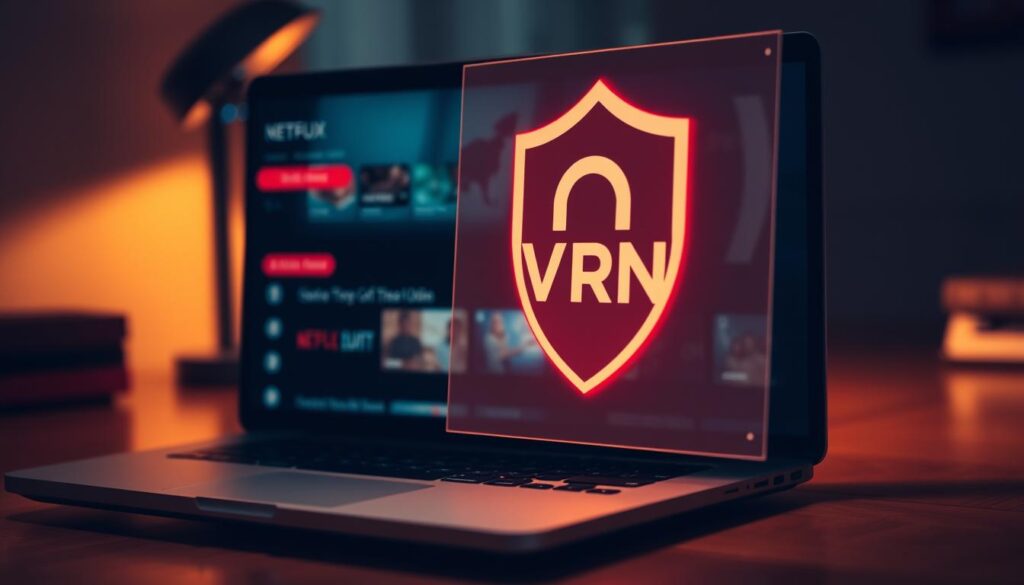 A cinematic close-up of a laptop screen displaying a streaming service's user interface, with a transparent VPN overlay enabling access to geo-restricted content. The laptop is positioned on a wooden desk, illuminated by a warm, directional light source casting subtle shadows. The scene conveys a sense of digital empowerment, with the VPN interface highlighting the ability to bypass geographical limitations and enjoy unrestricted online access.