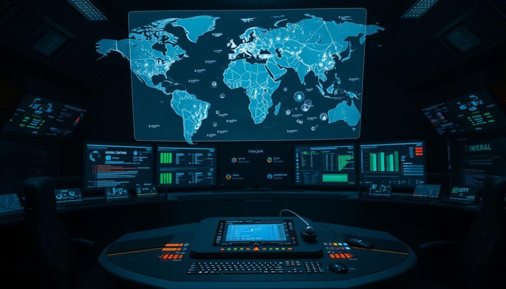 A darkened command center, illuminated by the glow of multiple holographic displays. In the foreground, a sleek, high-tech console with a series of blinking indicators and a central interface. Hovering above it, a translucent 3D map of the world, with various regions pulsing with data streams. In the background, a bank of screens showcasing real-time intelligence - network activity, threat assessments, and vulnerability reports. The atmosphere is tense, with a sense of urgency and the weight of critical decision-making. Subtle lighting casts dramatic shadows, lending an air of mystery and seriousness to the scene. The overall impression is one of a sophisticated, cutting-edge facility dedicated to the analysis and mitigation of complex cybersecurity threats.