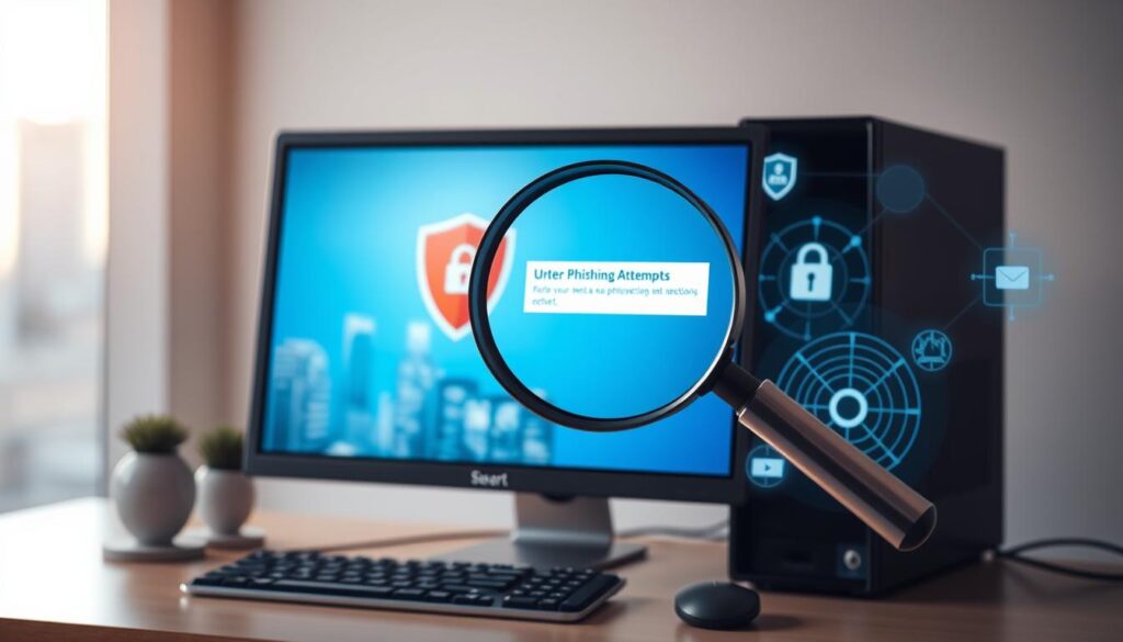 A desktop computer displayed on a minimalist workspace, its screen showing a security alert warning against phishing attempts. The foreground features a magnifying glass hovering over the screen, symbolizing the scrutiny needed to detect suspicious online activities. The middle ground showcases various cybersecurity icons, including a shield, a lock, and a radar, hinting at the multifaceted nature of digital protection. The background depicts a softly blurred cityscape, evoking a sense of the broader digital landscape that users navigate. The lighting is warm and natural, creating a reassuring atmosphere. The overall composition conveys the idea of vigilance and the importance of phishing protection for older computer systems.