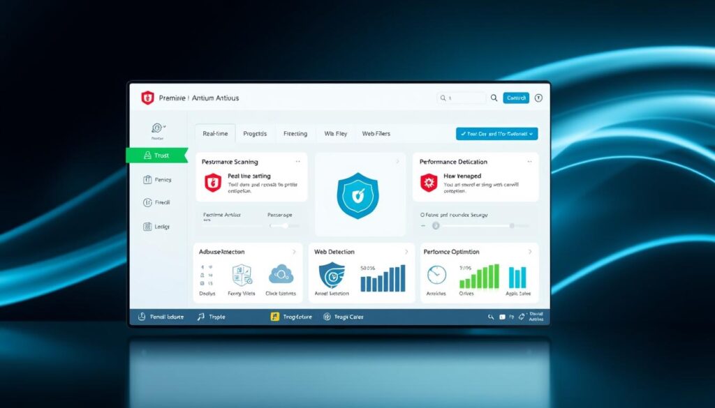 A detailed and elegantly designed user interface showcasing the features and benefits of a premium antivirus software. In the foreground, a clean and modern dashboard displays various security modules such as real-time scanning, firewall protection, and web filtering. The middle ground features informative icons and charts highlighting the advanced threat detection and performance optimization capabilities. In the background, a subtle gradient or abstract pattern creates a sense of depth and visual sophistication. The overall mood is one of trust, reliability, and technological sophistication, reflecting the value proposition of a paid antivirus solution.
