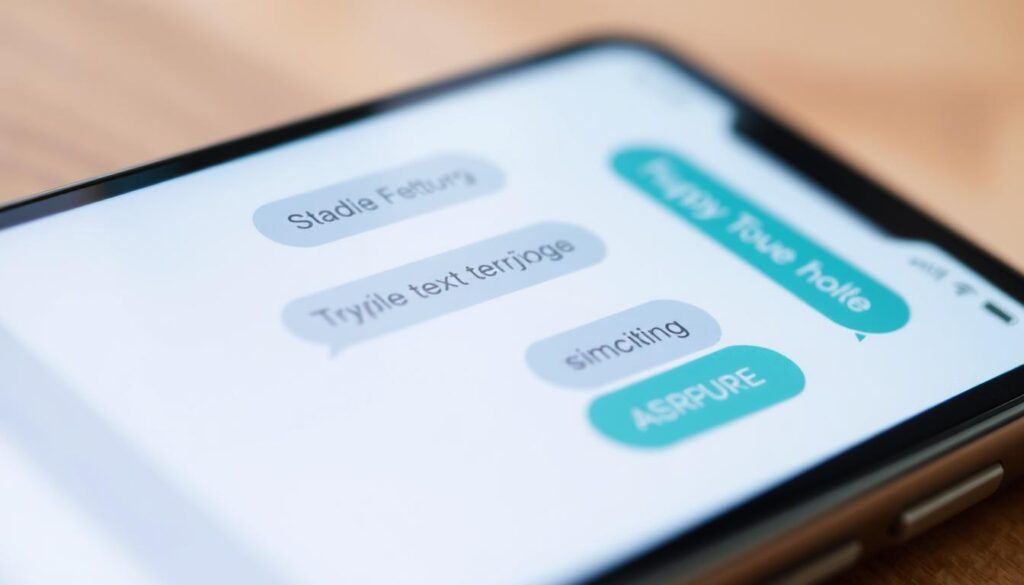 A detailed close-up view of a smartphone screen displaying a series of realistic-looking text message exchanges. The messages should convey a sense of casual, personal communication, with natural-looking font, bubble styles, and color tones. The screen is brightly lit, with soft shadows and highlights that create a sense of depth and dimensionality. The smartphone is positioned at a slightly elevated angle, allowing the viewer to see the screen clearly. The background is slightly blurred, hinting at the broader context of the scene, but remaining secondary to the central focus on the text message interaction.
