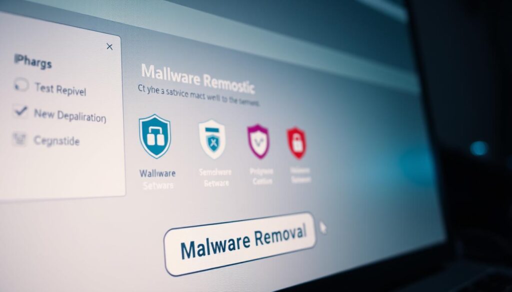 A detailed computer screen displaying various system diagnostic tools and malware removal utilities, bathed in a soft, cool-toned lighting that evokes a sense of focused, technical problem-solving. In the foreground, a cursor hovers over a prominent "Malware Removal" button, ready to initiate the cleansing process. The middle ground features a collection of security software icons, each representing a different layer of defense against the digital threat. The background blurs into a minimalist, high-tech environment, emphasizing the gravity of the task at hand. The overall mood is one of determination and control, as the user prepares to reclaim their system from the grasp of malicious code.