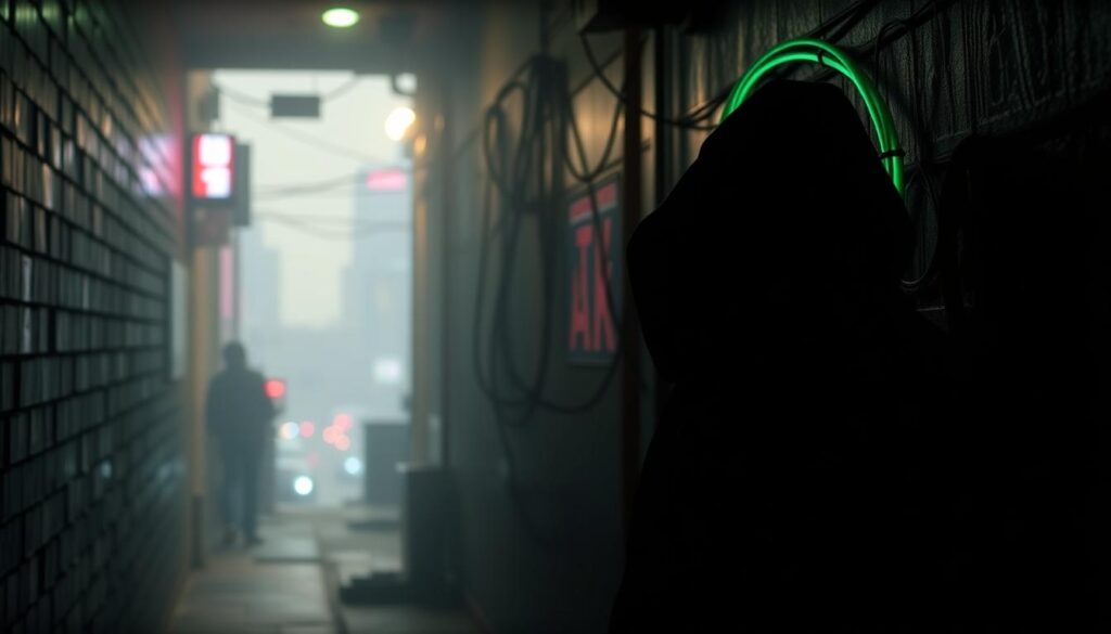 A dimly lit alleyway, shrouded in shadows, represents the inherent risks of free VPNs. In the foreground, a lone figure, their face obscured, symbolizes the potential for privacy breaches and data leaks. The middle ground features a tangled web of neon-hued cables, signifying the complex and opaque nature of free VPN services. The background is a hazy, dystopian cityscape, evoking a sense of unease and the potential for cybersecurity threats. The lighting is harsh, creating a sense of urgency and the need for caution. The overall mood is one of unease and a cautionary tale, perfectly capturing the "Risk profile of free VPNs you shouldn't ignore."
