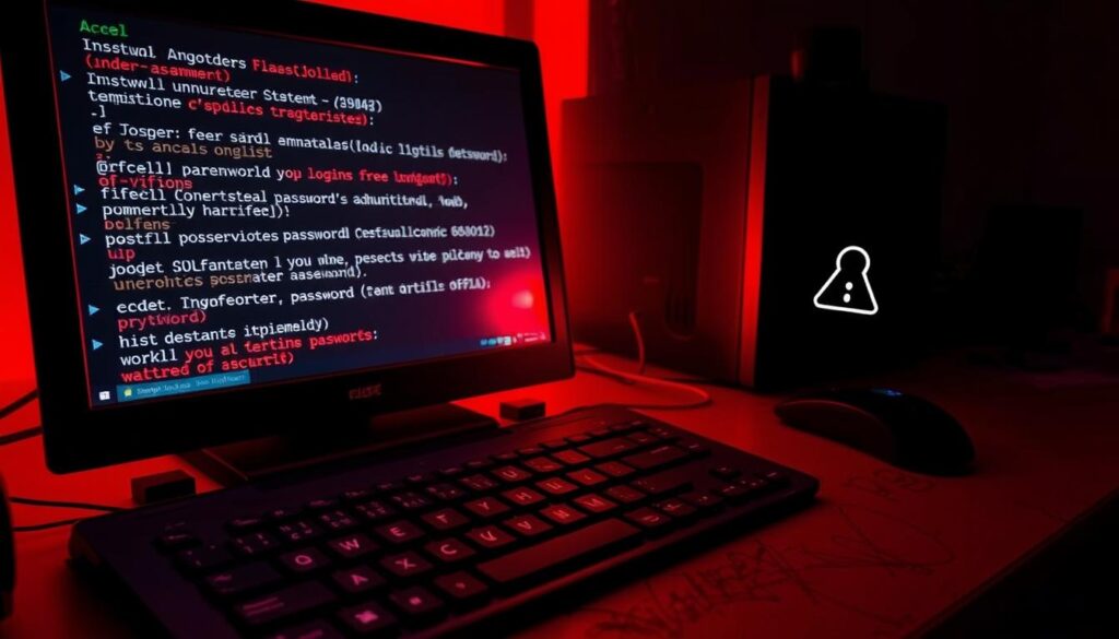 A dimly lit computer desk, the screen flickering with a cascade of unauthorized login attempts. On the keyboard, a mess of scribbled, illegible passwords. In the corner, a lone security alert icon blinks ominously. The scene is bathed in an unsettling red glow, creating a tense, ominous atmosphere. The image conveys a sense of intrusion, vulnerability, and the unsettling realization that something is amiss with the system's security.