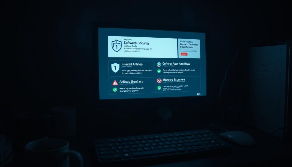 A dimly lit desktop workspace, the glow of a computer screen casting an eerie light. On the screen, a series of software security tools - firewalls, antivirus, and malware scanners - displayed prominently. The tools appear disabled or malfunctioning, hinting at a potential security breach. The workspace is cluttered with cables, coffee mugs, and an abandoned keyboard, creating a sense of neglect and concern. The atmosphere is tense, conveying the unease of a system that has been compromised. Dramatic shadows and highlights accentuate the gravity of the situation, as if the very essence of digital security has been disrupted.