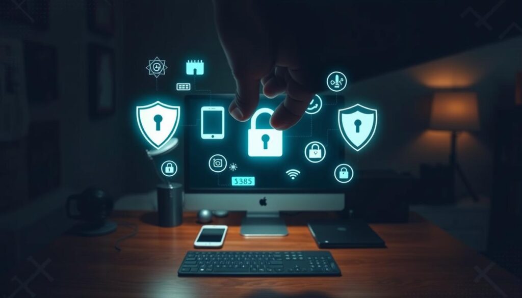 A dimly lit home office interior, with a desktop computer, smartphone, and tablet arranged on a wooden desk. In the foreground, a hand reaches out, casting a protective barrier of glowing cybersecurity icons and symbols around the devices. The background is hazy, with abstract digital patterns and a sense of cautious vigilance. Dramatic chiaroscuro lighting creates a palpable atmosphere of security and defense, as if guarding against unseen digital threats.