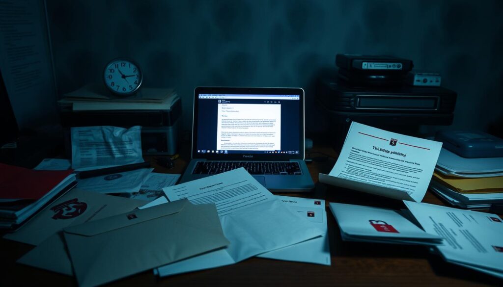 A dimly lit office desk, cluttered with various electronic devices and papers, serves as the focal point. In the foreground, several open envelopes and letters reveal suspicious-looking phishing attempts, with logos and branding meant to mimic legitimate organizations. The middle ground showcases a laptop screen displaying a phishing email, its content designed to lure the unsuspecting user. The background is hazy, emphasizing the sense of danger and the need for vigilance. The overall atmosphere is one of unease, highlighting the importance of recognizing the evolving patterns and techniques used by cyber criminals in their phishing scams.