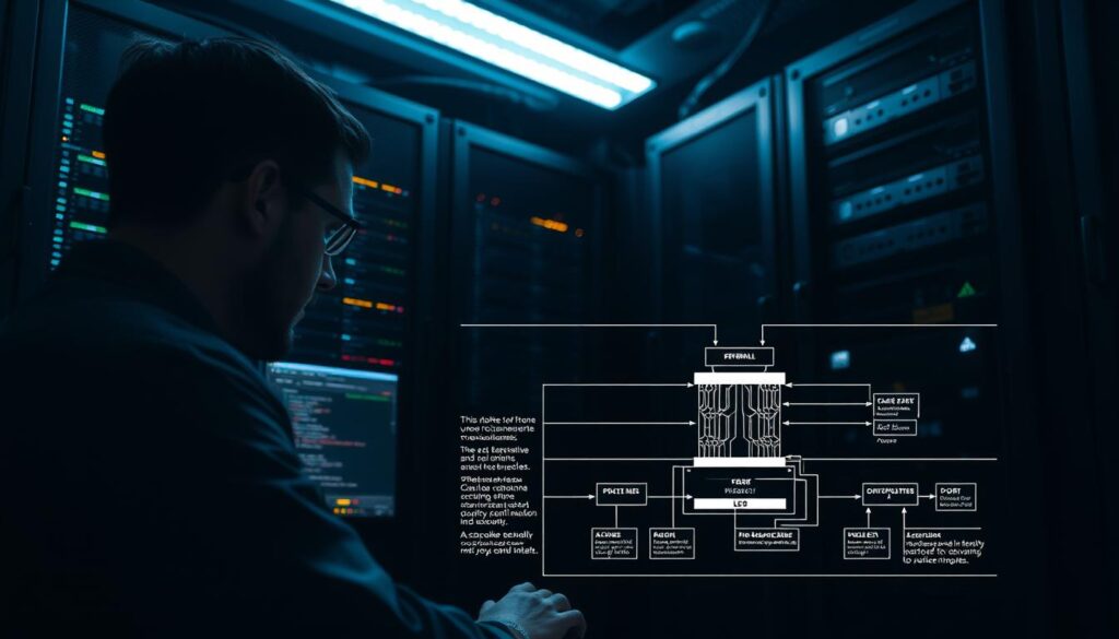 A dimly lit server room, the glow of blinking lights casting an eerie ambiance. In the foreground, a network administrator intently monitoring a firewall dashboard, scrutinizing real-time security logs and event data. The middle ground features a schematic diagram of the firewall's architecture, highlighting intricate rule sets, port configurations, and access control policies. In the background, a towering network rack stands as a silent sentinel, housing the powerful hardware that powers the firewall's protective measures. The scene conveys a sense of vigilance and technical expertise, reflecting the ongoing management and optimization required to maintain an effective firewall system.