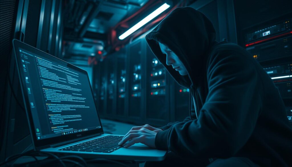 A dimly lit server room, with flickering LED lights casting an eerie glow. In the foreground, a hacker's laptop displays a terminal window, lines of code scrolling rapidly. Wires and cables snake across the floor, leading to a rack of servers in the background, their fans whirring softly. The hacker, wearing a dark hoodie, leans in, fingers poised over the keyboard, their face partially obscured by the glow of the screen. The atmosphere is tense, the air thick with the sense of a covert operation unfolding, a digital infiltration in progress.