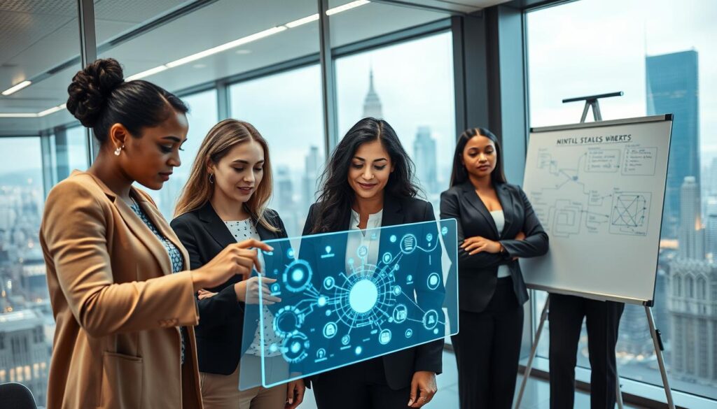 A diverse group of women working in cybersecurity, gathered in a sleek, modern office setting. In the foreground, three women of various ethnicities and ages collaborate intently over a holographic display, their faces lit by the soft glow of the technology. In the middle ground, another woman in a stylish pantsuit stands at a whiteboard, diagramming a complex network architecture. The background features large windows overlooking a bustling cityscape, suggesting the global reach and high-stakes nature of their work. The lighting is crisp and professional, with subtle highlights accentuating the women's confident expressions and body language. An atmosphere of focused determination and innovative problem-solving permeates the scene.