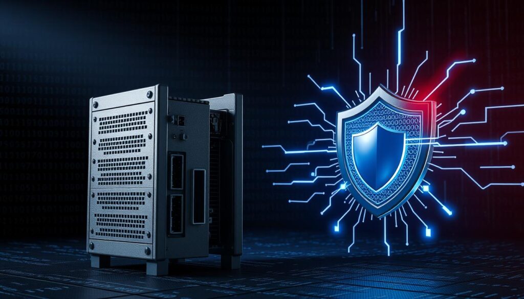A dramatic, high-contrast scene showcasing the distinct roles of a firewall and antivirus software. In the foreground, a sturdy, metallic firewall structure stands resolute, its intricate circuitry and ports visible. Beside it, a sleek, futuristic antivirus icon pulses with digital energy, its scanning beams cutting through the surrounding shadows. The background is a dark, ominous landscape of binary code and glowing data streams, emphasizing the digital battleground they inhabit. Dramatic lighting casts sharp shadows, heightening the sense of tension and the importance of their respective functions in safeguarding digital systems.