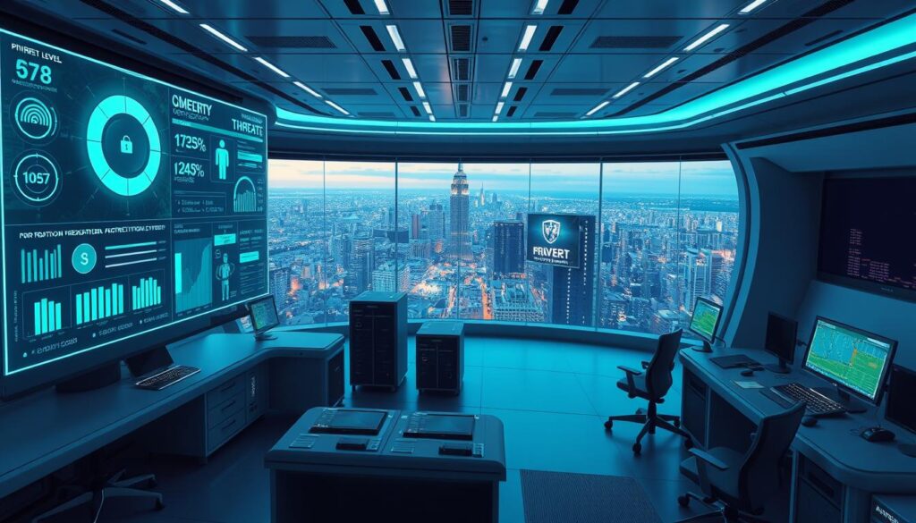 A futuristic control room with a sleek, minimalist design. In the foreground, a large holographic display shows various security metrics and threat levels. Floating panels and touchscreens allow for intuitive management of protection systems. The middle ground features servers and networking equipment, bathed in a soft, ambient glow. In the background, a panoramic view of a bustling cityscape, hinting at the systems' critical role in safeguarding the digital infrastructure. Subtle blue and green tones create a sense of technological sophistication, while strategic lighting emphasizes the importance of these protection level systems.