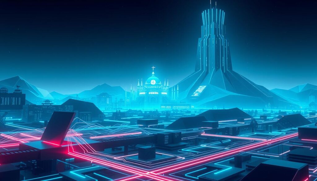 A futuristic cybersecurity landscape, bathed in a cool, neon-tinged glow. In the foreground, a sleek, angular device emits a web of glowing lines, representing the principles of zero trust architecture - verification, segmentation, and continuous monitoring. The middle ground features a cluster of interconnected devices, symbolizing the expanding attack surface of modern organizations. In the distance, a towering, polygonal data citadel looms, its defenses impenetrable yet adaptable, mirroring the evolving security strategies required in the digital age. The scene conveys a sense of technological sophistication, dynamism, and the urgent need for proactive, resilient security measures.