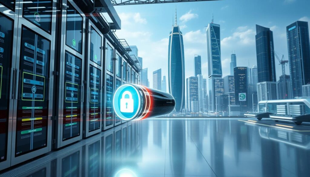 A futuristic, technologically advanced data storage facility, with gleaming metal, glass, and holographic interfaces. In the foreground, a secure data capsule radiates an aura of integrity, its surface unmarked by tampering, protected by advanced encryption and redundancy. In the middle ground, a network of interconnected servers and storage arrays, their operations monitored by a sophisticated AI system, ensuring the immutability and resilience of the data. The background depicts a cityscape of towering skyscrapers, their facades adorned with the latest advancements in renewable energy and smart city infrastructure, symbolizing the secure and sustainable future of data management.