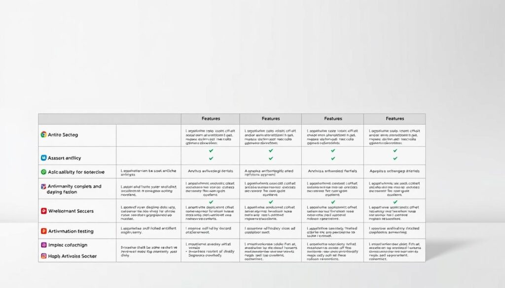 A high-quality, detailed comparison table presenting the key features and value proposition of leading antivirus programs for Windows in 2025. The table is set against a clean, minimalist background with soft shadows and muted colors, creating a professional, informative atmosphere. The foreground features a grid-like layout showcasing various antivirus program logos, icons, and feature descriptions in a clear, organized manner. The middle ground includes subtle gridlines and separators to demarcate the different comparison elements. The background is a simple, neutral gradient that allows the comparison table to be the focal point. The overall impression is one of a comprehensive, data-driven resource to help readers make an informed decision about the best antivirus software for their needs.