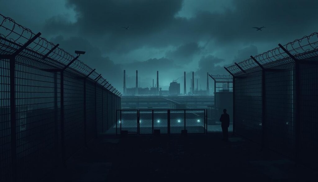 A high-security industrial facility shrouded in an ominous, heavily guarded atmosphere. In the foreground, a towering fence topped with razor wire casts harsh shadows across the ground. Surveillance cameras and armed guards stand vigilant, exuding a sense of uncompromising protection. The middle ground reveals a sprawling complex of reinforced concrete buildings, their windows tinted to deter prying eyes. Looming in the background, a dark sky tinged with an eerie glow creates a foreboding, almost dystopian setting. The overall scene conveys the weight of responsibility and the critical need for robust, multi-layered security measures to safeguard sensitive operations and assets.