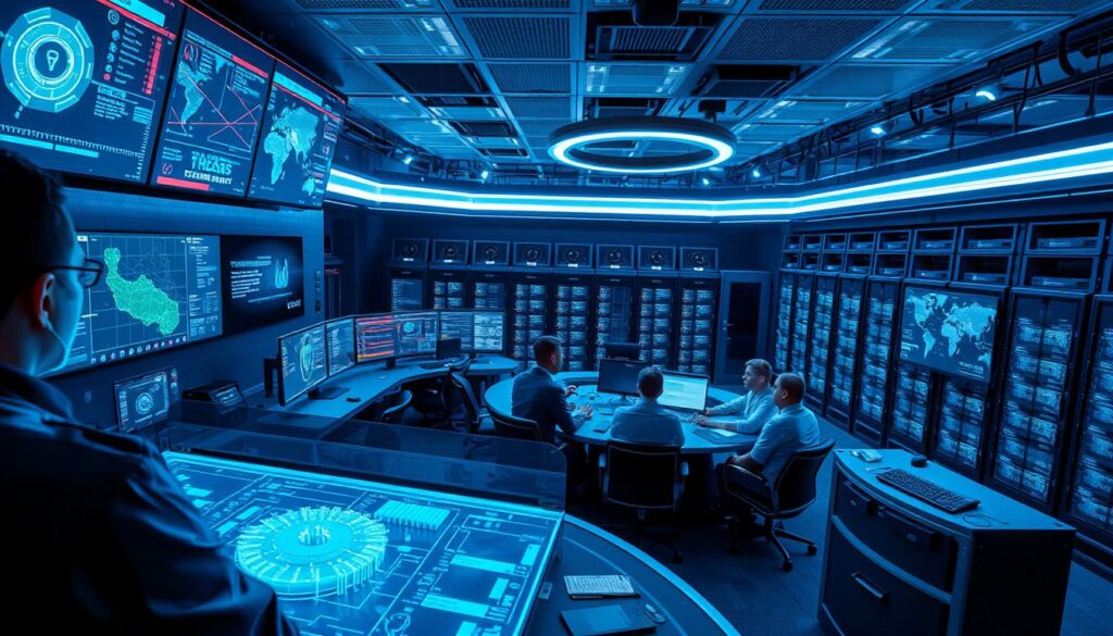 A high-tech cybersecurity control center with multiple holographic displays, projection screens, and diagnostic dashboards. In the foreground, a security analyst closely monitors a 3D visualization of network traffic and threat detection alerts. In the middle ground, a team of experts collaborates around a curved table, analyzing data and coordinating response strategies. The background features a vast bank of servers, storage arrays, and cooling systems, all bathed in a cool, blue-tinted lighting that emanates a sense of technological sophistication. The scene conveys a dynamic, real-time cybersecurity operation, focused on rapid detection, analysis, and mitigation of potential threats.