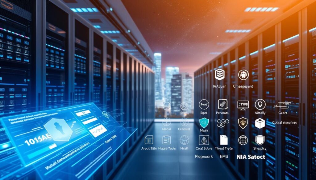 A modern data center filled with sleek, interconnected servers and security appliances, bathed in a soft blue glow. In the foreground, a holographic interface displays real-time threat analytics and network traffic data. The middle ground features a diverse array of open-source cybersecurity tools and frameworks, their icons and logos shimmering with a sense of transparency and community. In the background, a cityscape with towering skyscrapers and a starry night sky, symbolizing the vastness and complexity of the digital landscape that these tools aim to protect.