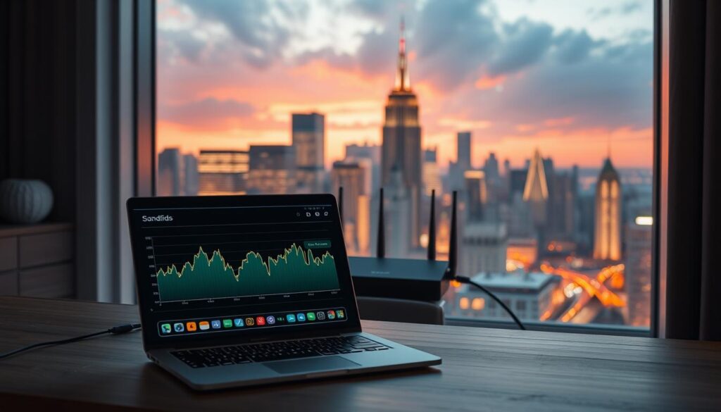 A modern home network setup, illuminated by warm lighting and clean lines. In the foreground, a laptop screen depicts a bandwidth graph, showcasing the impact of ISP throttling. The middle ground features a router, symbolizing the gateway to stable internet connectivity. In the background, a cityscape with towering skyscrapers represents the broader digital landscape. The scene conveys a sense of frustration with unreliable internet, but also the potential for a solution through a well-configured home network and the use of a VPN to bypass ISP throttling.