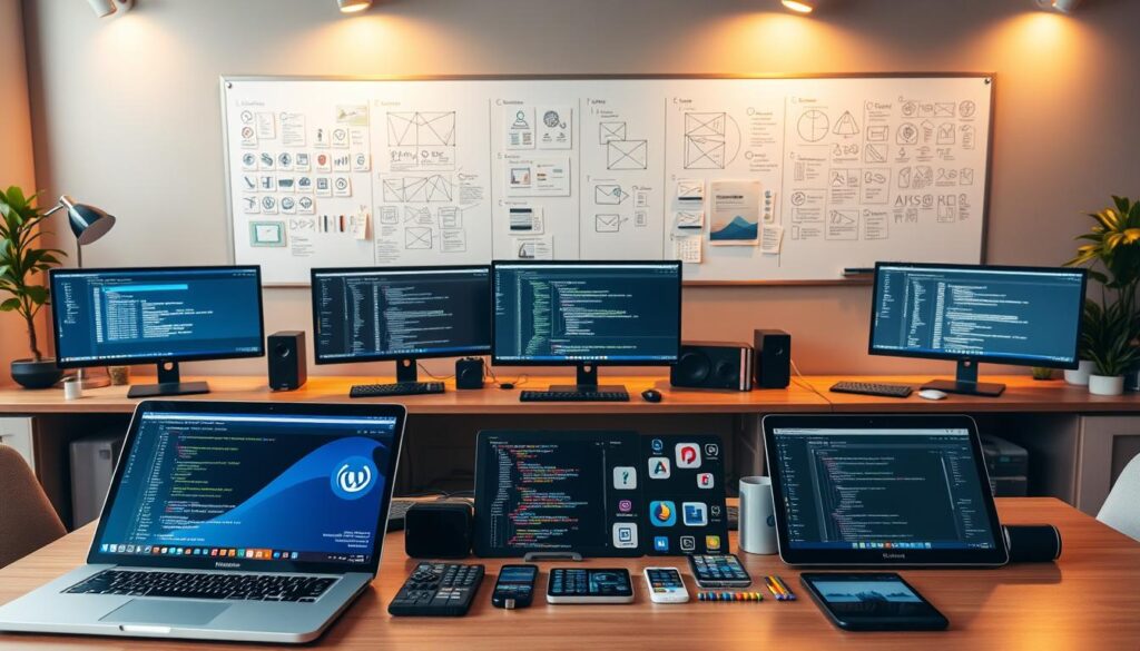 A modern office workspace with a large desk, multiple computer screens, and various web development tools and icons arranged in an organized fashion. The foreground features a sleek laptop, a tablet, and a smartphone, all displaying different web application interfaces. The middle ground showcases a variety of coding editors, debuggers, and testing frameworks laid out neatly. The background depicts a wall-mounted whiteboard filled with diagrams, wireframes, and project management notes, illuminated by warm, focused lighting. The overall scene conveys a sense of productivity, collaboration, and an emphasis on efficient web application development.