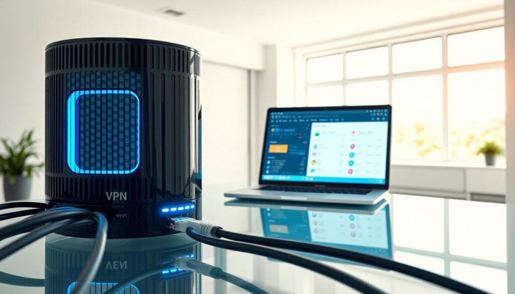 A modern, sleek VPN server situated atop a glass-topped desk in a bright, minimalist office. The server itself is a compact, cylindrical device with a glossy black finish, illuminated by a soft blue glow. In the foreground, various network cables and Ethernet ports are visible, hinting at the server's connectivity and functionality. The middle ground features a laptop open to a VPN dashboard, showcasing the server's speed, location, and security settings. The background is a clean, airy space with large windows allowing natural light to flood the room, conveying a sense of transparency and trust. The overall scene suggests a high-performance, privacy-focused VPN solution that is both visually appealing and technically capable.