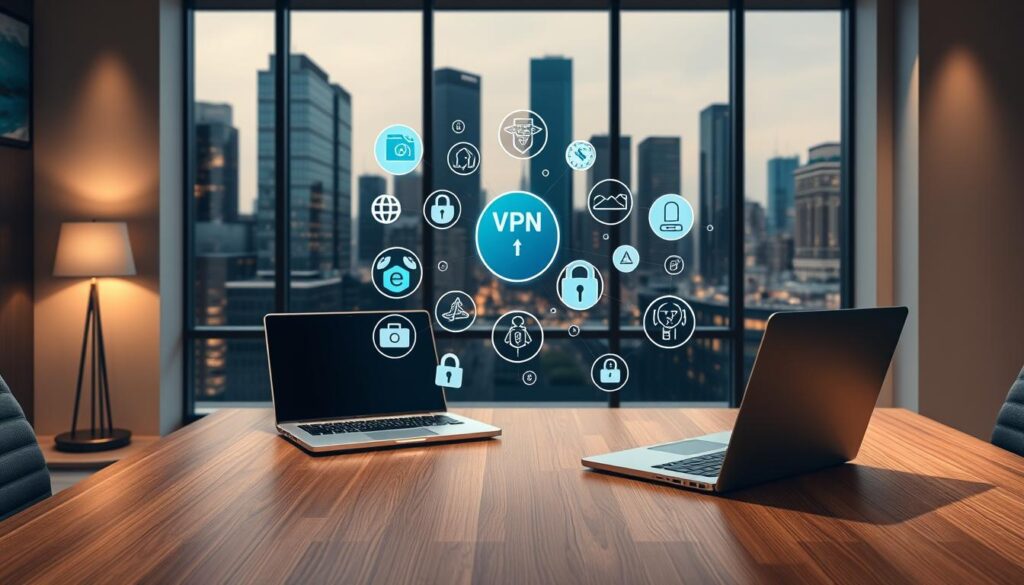 A modern, sleek office setting with a large wooden desk and a high-end laptop. On the desk, various virtual private network (VPN) icons and symbols float in a holographic display, showcasing different VPN service options. The lighting is soft and warm, creating a professional and authoritative atmosphere. In the background, a cityscape with towering skyscrapers can be seen through the window, suggesting the global connectivity and security that the VPNs provide. The overall composition conveys the importance of choosing the right VPN to safeguard one's digital privacy and online activities.