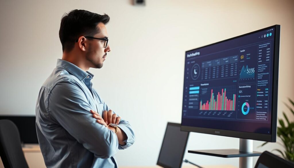 A professional and experienced cybersecurity professional standing in a modern office, confidently reviewing performance metrics on a large, high-resolution computer display. The scene is bathed in warm, focused lighting, casting subtle shadows that highlight the intricate details of the workspace. The individual's posture and expression convey a sense of mastery and pride in their ROI certification, reflecting the expertise and trust they have earned from their employer. The background is clean and uncluttered, allowing the subject to be the central focus of the image.