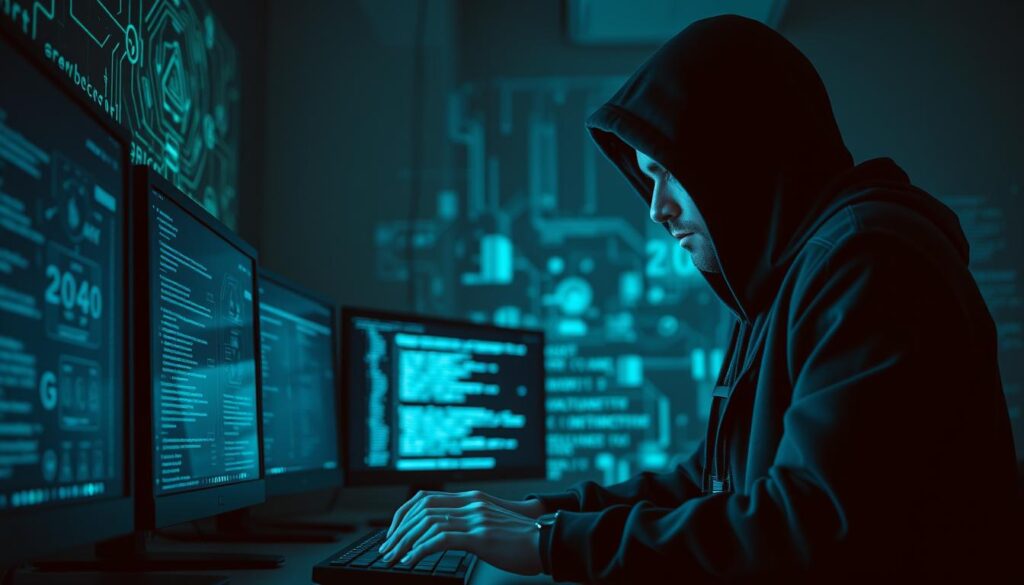 A professional cybersecurity expert clad in a dark hoodie and tactical gear, intently focused on a computer screen, their face partially obscured by the hood. The workspace is illuminated by the glow of multiple monitors, casting an atmospheric blue-green hue across the scene. Intricate circuit diagrams and lines of code are projected onto the walls, creating a high-tech, hacker-esque ambiance. The subject's hands move swiftly across the keyboard, conveying a sense of purpose and technical mastery. The overall mood is one of serious, methodical concentration as the "Certified Ethical Hacker" carries out their important work.