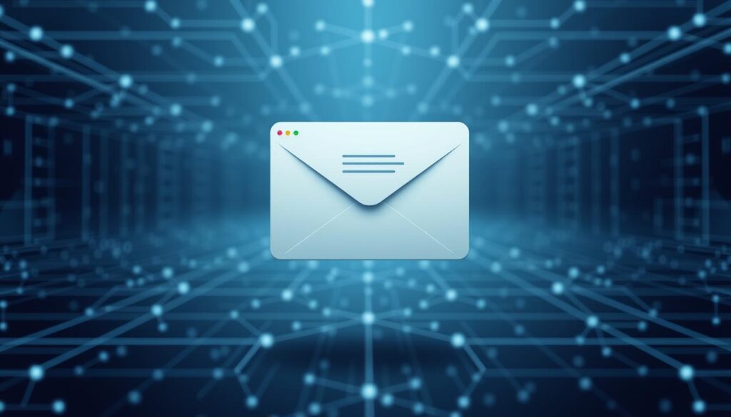 A secure and encrypted email interface hovering amidst a serene backdrop of digital infrastructure. The foreground depicts a minimalist desktop application with a clean, intuitive user interface, showcasing the process of composing and sending encrypted messages. The middle ground features a network of interconnected nodes and data streams, symbolizing the secure data transmission. In the background, a subdued palette of blues and grays creates a sense of technological sophistication and reliability, conveying the idea of a robust and trustworthy email encryption system. Soft lighting and a slight depth-of-field blur enhance the professional and polished aesthetic, inviting the viewer to imagine the seamless experience of safeguarding their digital communications.