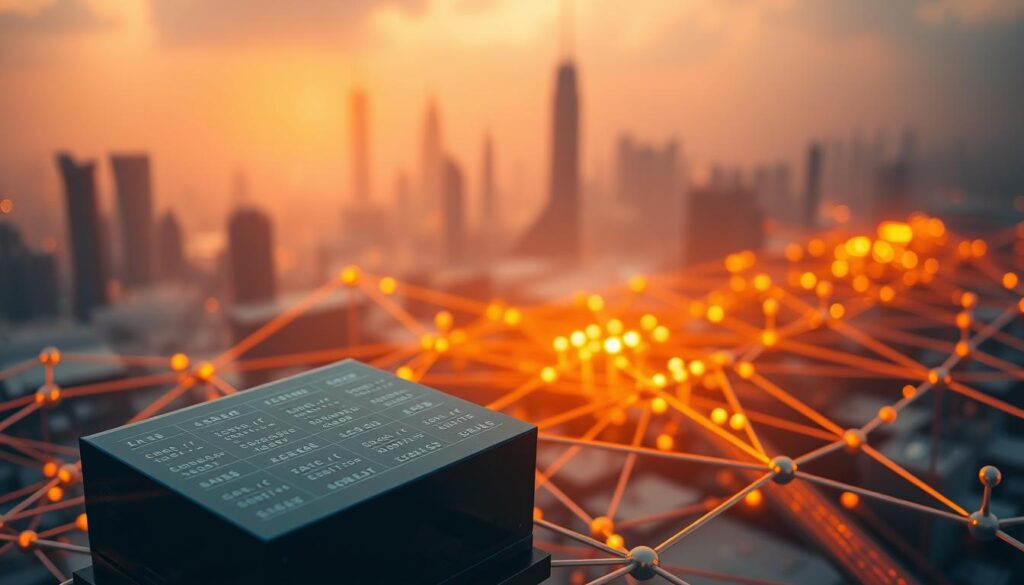 A secure blockchain network with intricate cryptographic protocols. In the foreground, a digital ledger with encrypted transaction data, surrounded by a secure network of interconnected nodes. In the middle ground, a visualization of the blockchain's distributed consensus mechanism, with validators verifying and adding new blocks. In the background, a hazy, futuristic cityscape with skyscrapers and towers, symbolizing the integration of blockchain technology into the digital infrastructure. The scene is bathed in a warm, amber glow, conveying a sense of robustness and reliability. The overall atmosphere exudes a fusion of cutting-edge technology and unwavering security.