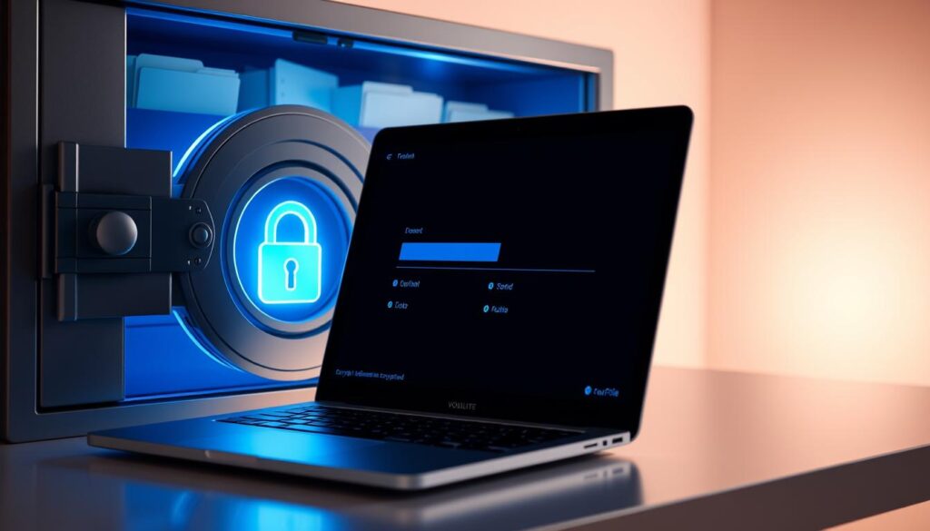 A secure digital vault with a glowing encryption lock, bathed in a soft blue hue. The file directory is clearly visible, with folders neatly organized. A laptop rests on a sleek, minimalist desk, its screen displaying a progress bar as data is being encrypted. The scene is illuminated by a warm, diffused light, creating a sense of trust and privacy. The overall atmosphere conveys the importance of safeguarding sensitive information through robust encryption techniques.