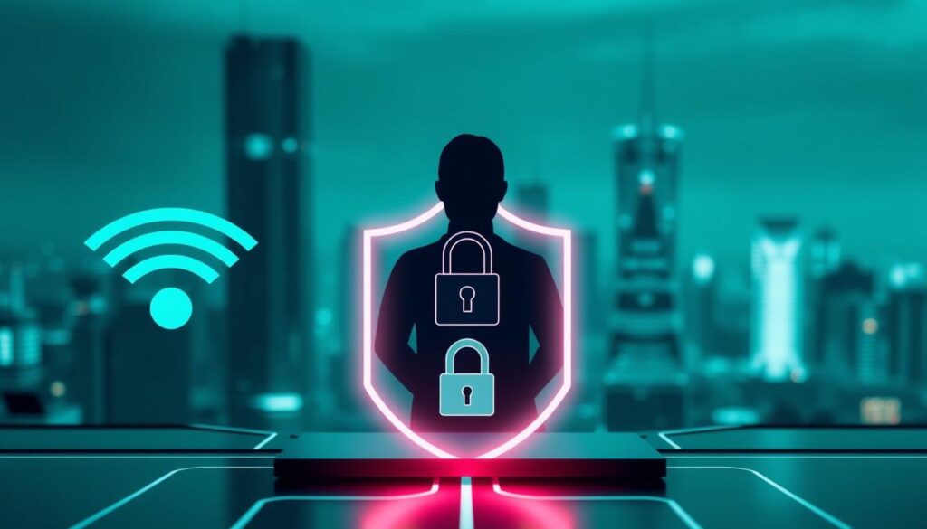 A secure network connection envelops a digital silhouette, symbolizing how a VPN shields online activities. In the foreground, a Wi-Fi signal icon represents the public network, while a lock icon signifies the VPN's encrypted protection. The middle ground features a cityscape backdrop, conveying the public setting. The scene is bathed in a cool, teal-hued lighting, creating a sense of digital security and privacy. The composition uses a balanced, symmetrical layout to reflect the VPN's role in safeguarding one's online presence on public Wi-Fi.