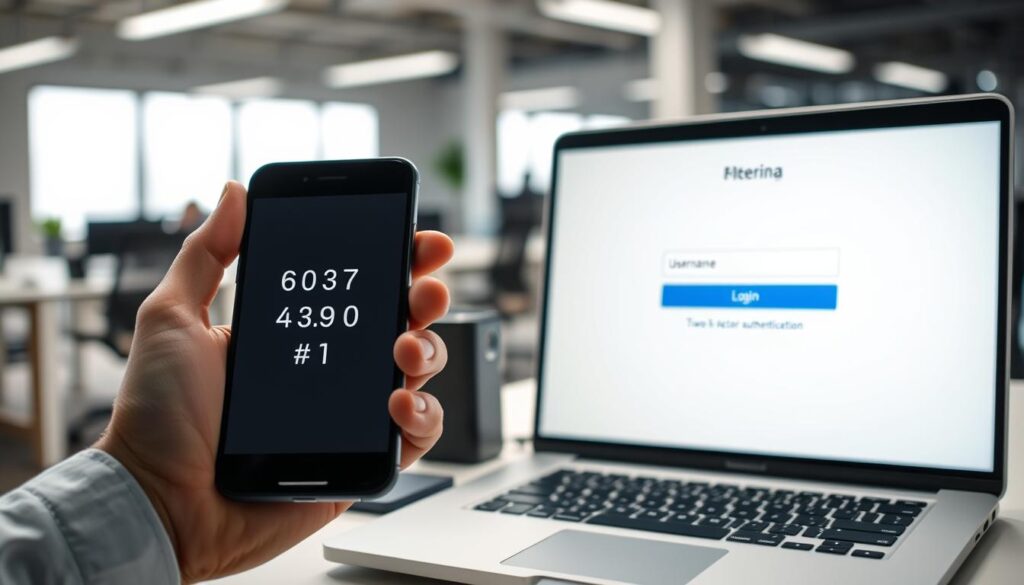 A secure two-step verification process with a smartphone and a computer screen. In the foreground, a hand holds a mobile device displaying a 6-digit code. In the middle ground, a laptop screen shows a login page with fields for username, password, and a two-factor authentication input. The background is a blurred office environment with desks, chairs, and technology accessories. Bright, directional lighting creates depth and highlights the key elements. The overall mood is one of online security, with a clean, minimal aesthetic to convey the importance of multi-factor authentication.