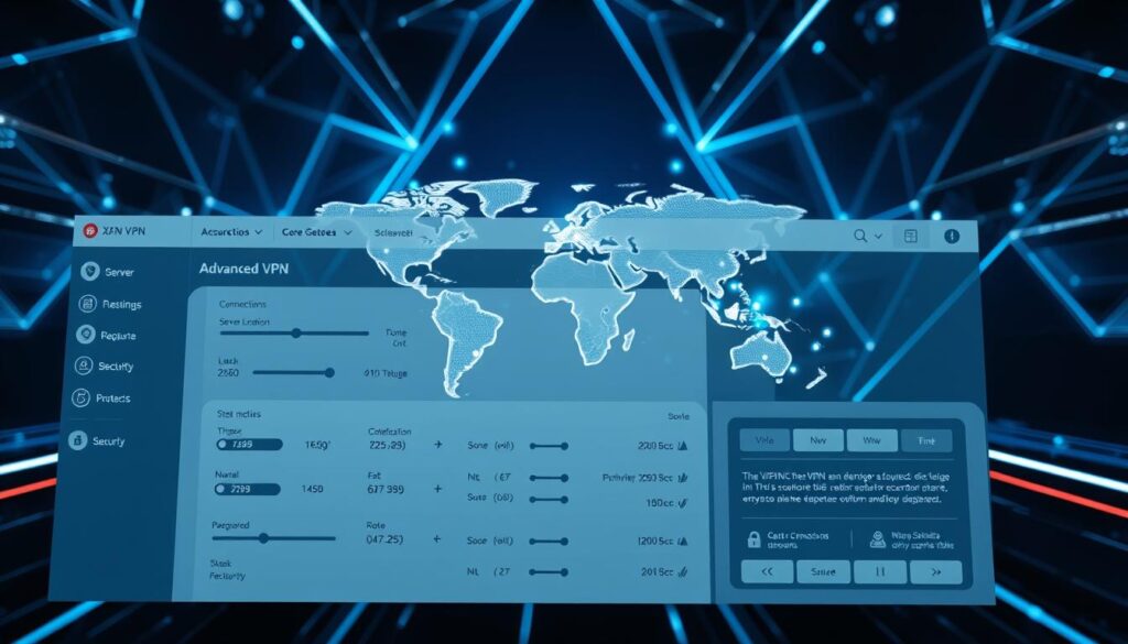 A sleek and modern digital interface showcasing advanced VPN features. In the foreground, a clean dashboard displays toggles, sliders, and buttons for various VPN settings, including server location, connection protocols, and security options. The middle ground features a world map with pulsing connection points, visualizing the global network. In the background, geometric shapes and light trails create a futuristic, high-tech atmosphere, conveyed through a palette of cool blues and grays. The image is captured with a wide-angle lens, creating depth and emphasizing the technical complexity of the advanced VPN features.