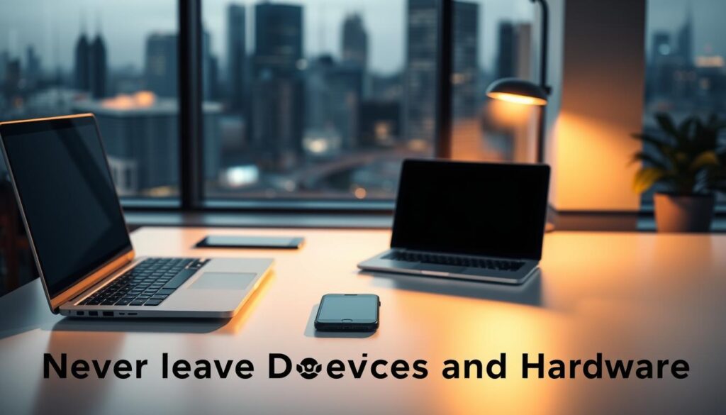 A sleek and modern office desk with a laptop, smartphone, and tablet neatly arranged. The devices are illuminated by a warm, indirect lighting, casting soft shadows that add depth and dimension to the scene. The desk surface is clean and uncluttered, with a minimalist design that emphasizes the technological focus. In the background, a blurred window overlooking a bustling city skyline, suggesting a professional, high-tech environment. The overall mood is one of efficiency, productivity, and the importance of securing digital devices, reinforcing the "Never Leave Devices Unattended—Lock Screens and Hardware" theme.