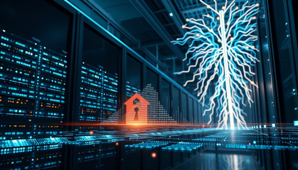 A sleek, futuristic data center with rows of high-performance servers and glowing holographic displays. In the foreground, an open source software interface showcases a complex security algorithm, its lines of code dancing with an ethereal luminescence. Towering in the background, an imposing AI neural network scans the system, its neural pathways pulsing with an intelligent energy. Soft, ambient lighting casts an atmosphere of techno-mysticism, hinting at the convergence of artificial intelligence and open source innovation that will shape the future of secure technology.