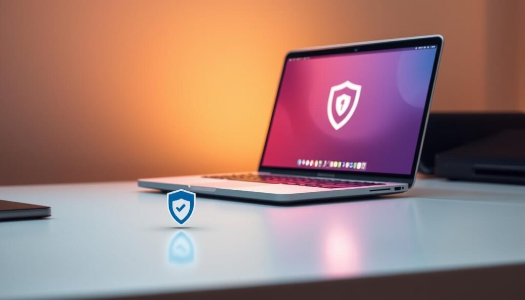 A sleek, lightweight laptop resting on a minimalist desk, its screen glowing softly with an unobtrusive security interface. The device is backlit by a warm, diffused light, casting a gentle glow across the workspace. In the foreground, a simplified antivirus icon hovers discreetly, conveying a sense of protection without overwhelming the composition. The scene evokes a calm, efficient workspace where technology seamlessly integrates with productivity, offering a lightweight, value-driven security solution.