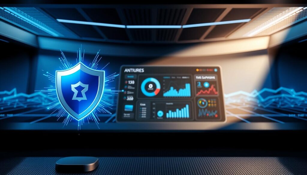 A sleek, metallic antivirus software interface with a vibrant blue and gray color scheme. In the foreground, a dynamic security shield symbol radiates a protective aura, its edges glowing with digital energy. In the middle ground, a futuristic, high-tech console displays real-time threat monitoring data, with various graphs and charts analyzing system health. The background features a minimalist, digital landscape with a grid-like pattern, suggesting a secure, connected digital world. Dramatic, high-contrast lighting casts dramatic shadows, emphasizing the software's power and authority in safeguarding the system. The overall mood is one of technological sophistication and unwavering cybersecurity.