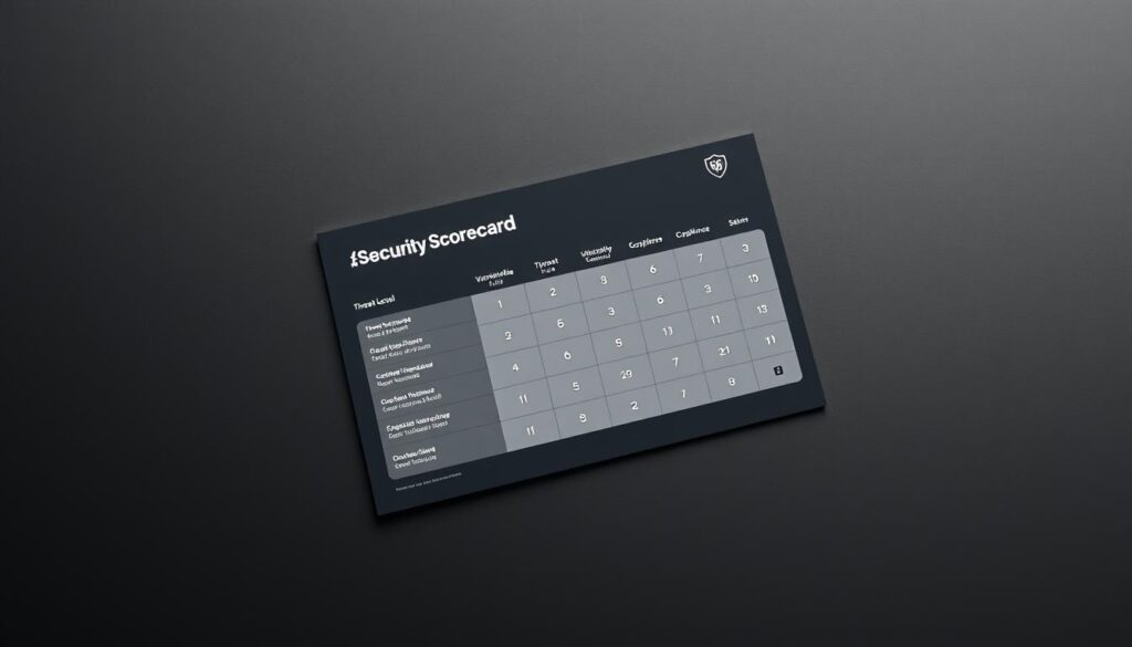 A sleek, minimalist security scorecard displayed on a matte black surface, its crisp edges and bold typography conveying a sense of professionalism and precision. The scorecard features a clean grid layout with clearly delineated sections for metrics like threat level, vulnerability assessment, and compliance status. Soft, directional lighting casts subtle shadows, adding depth and dimension to the design. The overall aesthetic is one of streamlined efficiency, reflecting the need for small businesses to stay current and measure the success of their cybersecurity efforts.