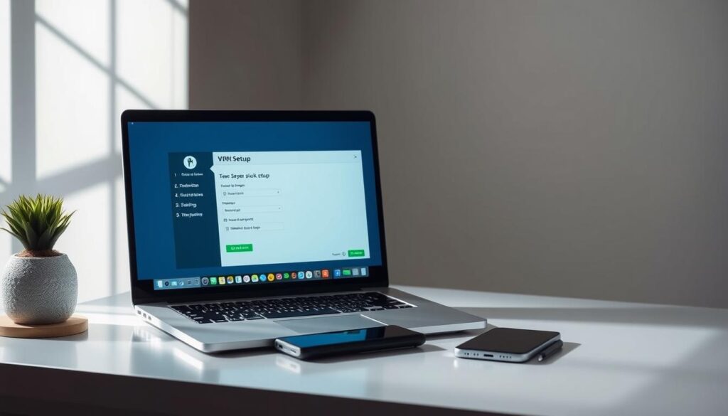 A sleek, minimalist workspace with a laptop, mobile device, and VPN icon prominently displayed. The laptop screen shows a step-by-step VPN setup process with clean, intuitive interface. Soft, diffused lighting illuminates the scene, creating a calming, productive atmosphere. The composition emphasizes efficiency and ease of use, capturing the "quick setup" essence. Subtle shadows and reflections add depth and realism. The overall tone is professional, modern, and user-friendly, perfectly suited for the "Best VPNs for Streaming" article section.