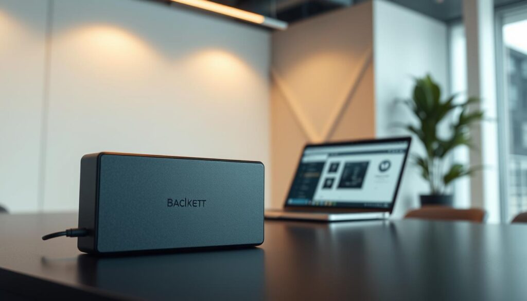 A sleek, modern backup platform showcased in a well-lit, minimalist office setting. The foreground features a sturdy, high-capacity external hard drive or SSD, its clean lines and matte finish reflecting the professional, secure nature of the backup solution. The middle ground depicts a laptop or desktop computer, its screen displaying a user-friendly backup interface. The background subtly conveys a sense of digital security, with geometric patterns or abstract shapes evoking the complex algorithms and encryption protocols that safeguard the stored data. Warm, directional lighting from above creates a sense of importance and reliability, while a slightly elevated camera angle suggests the platform's comprehensive, enterprise-grade capabilities.