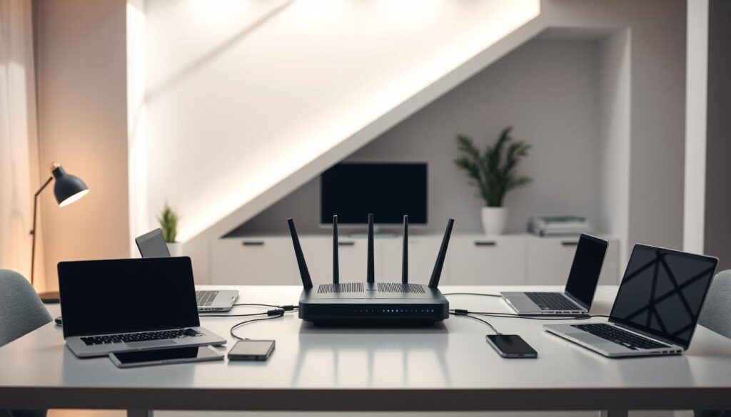 A sleek, modern home office setting with a central focus on a private network router. The router is positioned prominently on a minimalist desk, surrounded by various devices like laptops, tablets, and smartphones connected to the network. Soft, diffused lighting illuminates the scene, creating a calm and professional atmosphere. The background features clean, geometric walls and subtle architectural elements, emphasizing the technological and organized nature of the private network setup. The composition highlights the seamless integration of multiple devices into a secure, centralized home network system.