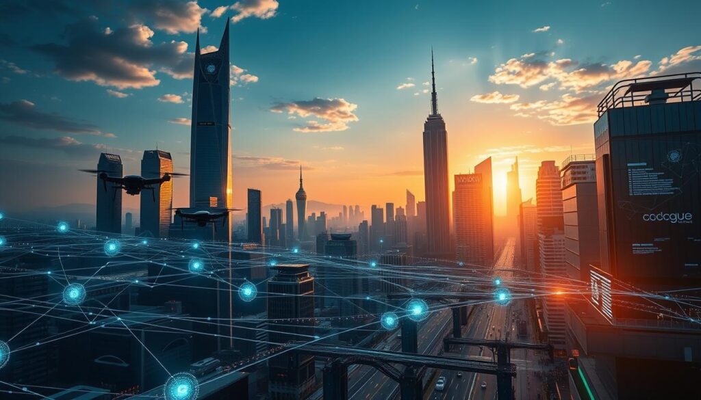 A sweeping cityscape of a futuristic metropolis, its towering skyscrapers and gleaming spires bathed in the warm glow of a setting sun. In the foreground, a network of holographic interfaces and glowing data streams intertwine, reflecting the ever-evolving nature of cybersecurity. Sleek, angular drones and autonomous vehicles navigate the bustling streets, while discreet security checkpoints and advanced surveillance systems monitor the flow of information and activity. The atmosphere is one of both technological wonder and underlying tension, hinting at the delicate balance between innovation and the need to safeguard against emerging cyber threats.