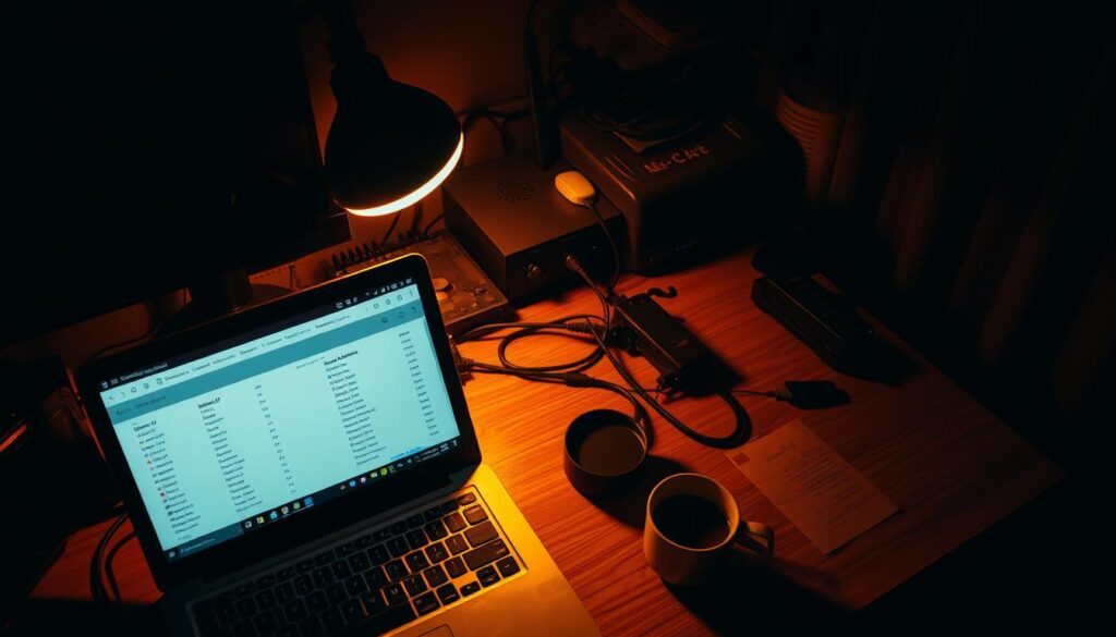 A technician's desk in a dimly lit home office, with a laptop displaying a wireless network scanning interface. The screen shows various WiFi networks, signal strengths, and security details. The desk is cluttered with cables, network equipment, and a cup of coffee, creating an atmosphere of focused investigation. The lighting is warm and moody, casting shadows across the scene. The camera angle is slightly elevated, giving a bird's-eye view of the workspace, emphasizing the technical nature of the task at hand.