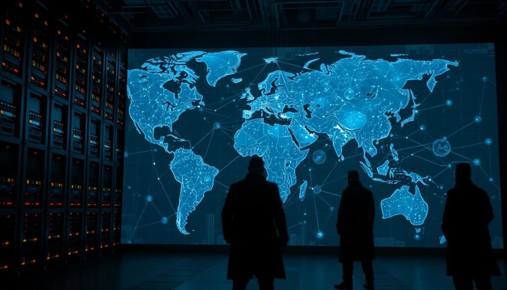 A towering data center, its gleaming servers and blinking lights casting an eerie glow in the dimly lit room. In the foreground, a world map projected onto a holographic display, intricate webs of data connections spanning continents. Shadowy figures, cloaked in the shadows, manipulate the flow of information, their actions shaping the geopolitical landscape. The air is thick with a sense of control and power, a cybernetic ecosystem where nations vie for dominance. Cinematic lighting and a moody, high-contrast aesthetic lend an air of gravity and tension to this scene, where the future of global governance hangs in the balance.