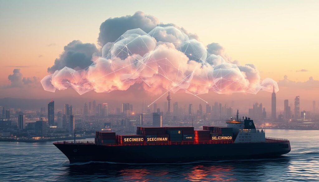 A vast, cloud-like formation hovers above a cityscape, its wispy tendrils extending across the skyline. Within the translucent cloud, glowing lines and shapes trace the intricate network of security protocols, firewalls, and threat detection systems that safeguard the digital infrastructure below. The scene is bathed in a soft, ethereal light, conveying a sense of both power and vulnerability. In the foreground, a sleek, angular container ship drifts past, its cargo holds filled with the latest edge computing hardware, designed to extend the reach of the cloud's protective embrace. The overall impression is one of a delicate balance between technological might and the ever-present need for vigilance in the face of emerging cyber threats.