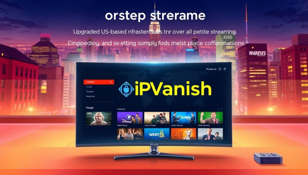 A vibrant and dynamic illustration showcasing IPVanish's robust streaming capabilities. In the foreground, a user-friendly interface displays a seamless streaming experience, with crisp visuals and smooth playback. The middle ground features a sleek and modern virtual private network (VPN) connection, symbolizing IPVanish's secure and reliable data transmission. In the background, a detailed cityscape backdrop evokes a sense of urban sophistication, hinting at the upgraded US-based infrastructure that enhances the overall streaming performance. The scene is bathed in a warm, cinematic lighting, creating a mood of immersive entertainment and high-quality digital content consumption.