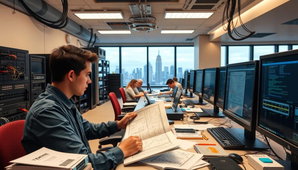 A well-lit computer lab filled with diverse networking equipment - routers, switches, cables, and diagnostic tools. In the foreground, a person intently studying network diagrams and configuration manuals, surrounded by a workspace of technical books and notes. The mid-ground features a group collaborating on a hands-on networking project, while the background showcases a panoramic view of a modern city skyline through large windows, symbolizing the ubiquity of networked technology. The overall scene conveys a focused, professional atmosphere of gaining the necessary prerequisites and practical experience to become a certified cybersecurity expert.